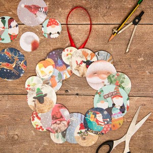 Upcycled Christmas Cards Circle Wreath craft activity